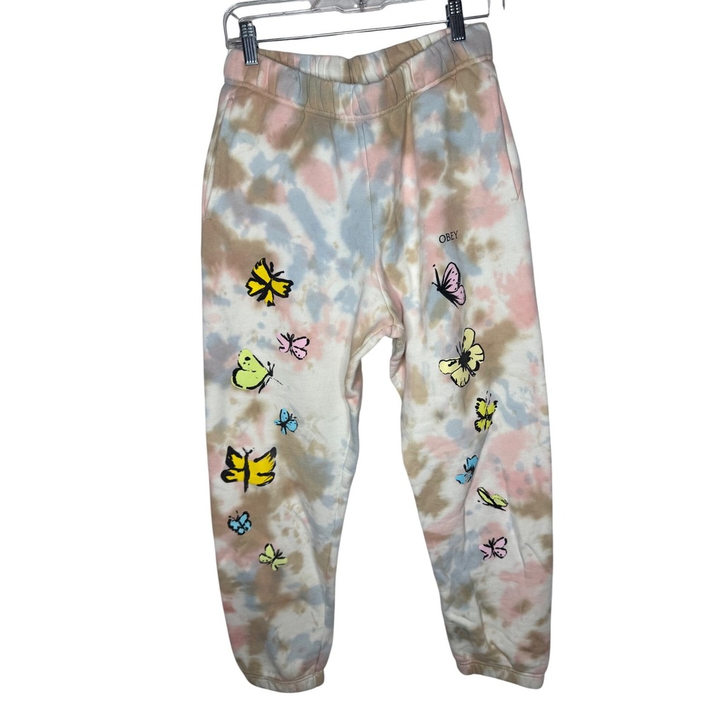 Obey Butterfly Tie Dye Sweatpants Pastel Pink Blue Tan Fleece Joggers Small